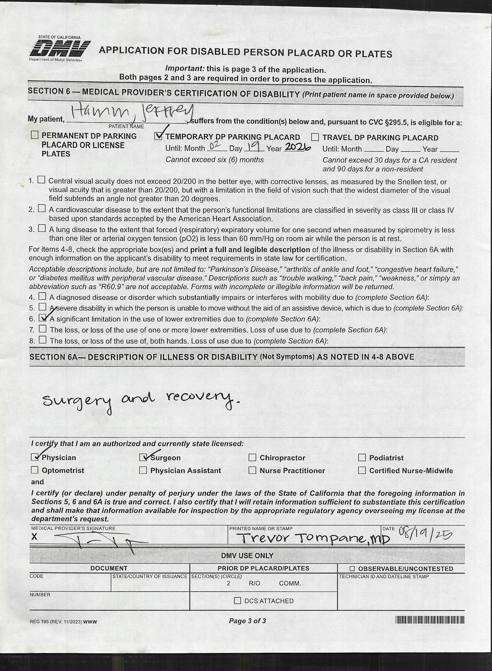DMV Handicapped Placard Form Page 2